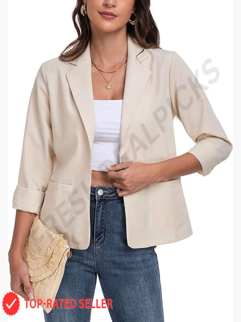 Linen Blazer Lightweight Long Sleeve Notch Lapel Button Front Casual Chic